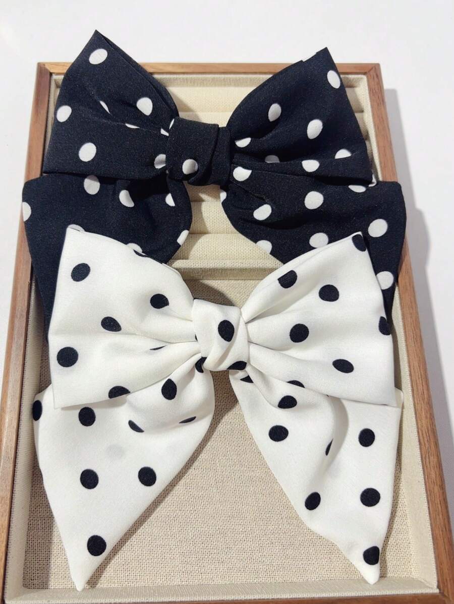 2/1pc Korean Style Handmade Polka Dot Bow Scrunchie Hair Claw Clip, Ponytail Clip, Bun Clip For Women, Polyester Material, Bows, Cute, Hair Accessories