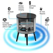 DecorTech Round Bluetooth Speaker End Table With Wireless Charging, Gray - Dark Grey - View 4