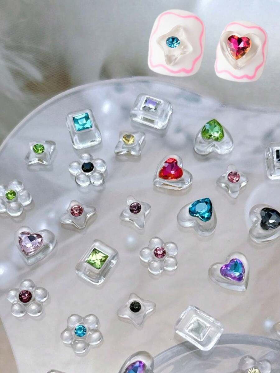 5件装夏日多彩可爱多巴胺美甲饰品大号半透明冰糖钻网红多巴胺彩色镶嵌水晶爱心钻美甲饰品手指甲装饰用 - 彩色 - 查看 1
