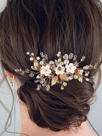 1pc Women Elegant Handmade Metal Leaf & Clay Flower With Faux Pearl Hair Comb, Bridal Hair Accessories For Wedding, Party