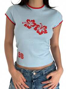 Tops cortos gráficos para mujeres Camisetas de manga corta con ajuste ceñido y cuello redondo estampadas con flores/croissant para adolescentes Tops casuales bonitos de verano Ropa estética de preppy Ropa urbana y de club