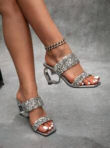 Women's Square Toe Fashionable Sexy Shiny Silver High Heels, Elegant Quality Heart Shaped Heel Open Toe Simple Formal Dress Shoes For Party, Date