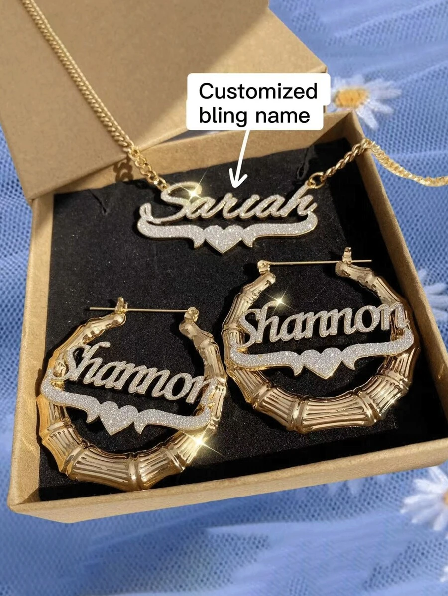 一件式定制姓名项链/耳环，配有闪亮的心形铭牌吊坠 - 个性化珠宝，送给某人的完美礼物（无礼盒）、多功能、装饰性、字母、纯色、雕刻、精致、多彩、可爱、迷人、休闲、定制、个性化、独特、定制、婴儿礼物、送给他的理想礼物、送给她、儿子、女儿的理想礼物