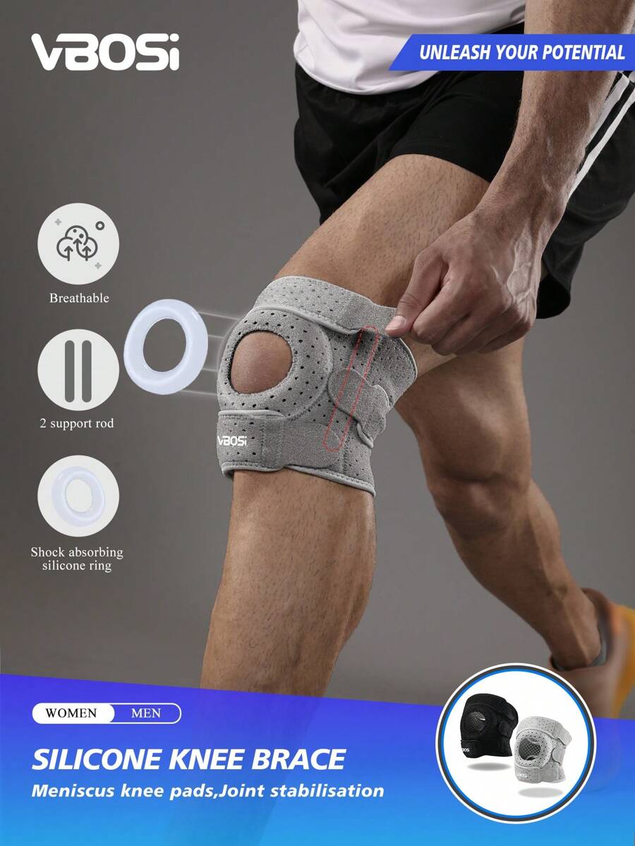 VBOSI 1pc Unisex Upgraded Anti-Slip Breathable Adjustable Knee Pad With Silicone Cushion, Perforated Design For Basketball, Running, Weightlifting, Fitness, Sports Knee Support