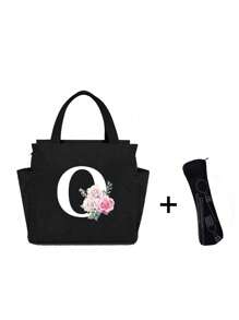 White Letters A~Z Printed With Flowers Lunch Bag For Women Men,With A Black Cutlery Storage Bag, Leakproof Insulated Soft Large Lunch Cooler Bag - Reusable Lunch Bag ,Solid Color Tableware Storage , Leak-Proof Portable Fabric Tableware Bag