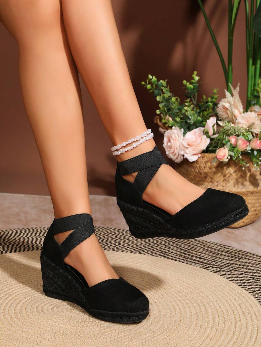 Fashion Crisscross Elastic Cord Covered Heel Linen Rope Platform Women Sandals