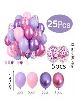 25 piezas/5 pulgadas Globos de látex redondos de colores múltiples, adecuados para boda, cumpleaños, graduación, decoración de ducha nupcial, serie rosa y morada