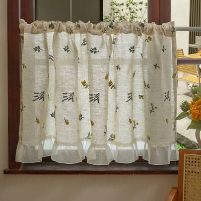 1 pieza Cortina de café con bordado de espiga de trigo, cortina de café con estilo pastoral fresco con borde de hoja de espiga de trigo, adecuada para gabinete de cocina, ventana del baypuerta, partición de cortina, decoración del hogar