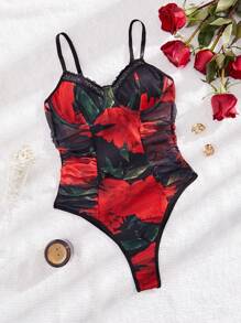 1pc Fashionable Floral Print Bodysuit, Sexy Back Design, Form-Fitting Slinky Jumpsuit