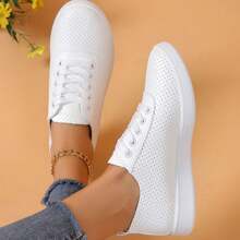 Baskets décontractées pour femmes, chaussures minimalistes respirantes et confortables à enfiler - Tout blanc - Voir 2