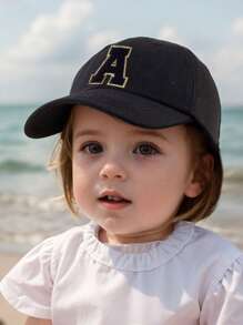 1 pieza Gorra de béisbol negra sólida con decoración de letras para niños/niñas de 1 a 5 años, gorra Snapback clásica para niños para el uso diario casual en primavera y verano - Negro - Ver 3