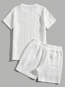 Traje informal para hombre (camiseta de manga corta con cuello redondo y estampado de letras + pantalón corto con cintura ajustable) - Blanco - Ver 2