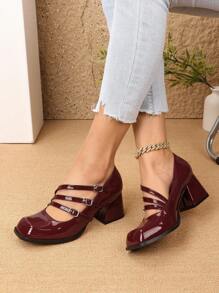 Vintage French Style Mary Jane Pumps For Women, New Spring High Heels, Korean Princess Solid Color Square Toe Thick Heel Dress Shoes