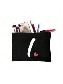 Initials Printed Patchwork Makeup Bag, Black Small Bag, Letters A-Z,Cosmetic Bag,Portable Wash Bag Make Up Bag - Black - View 30