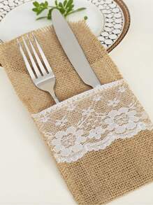5pcs/15pcs Linen Cutlery Bag, 8.6*4.3in, Beige Coarse Burlap, Lace Silverware Holder, Flax Knife And Fork Cutlery Bag, Suitable For Vintage Country Wedding Party,Christmas