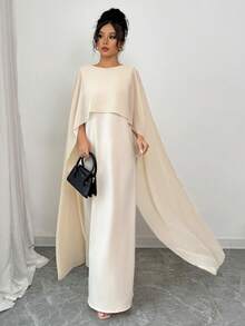 女士休闲宽松纯色雪纺透明透气中长连衣裙，端庄