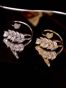 1pc Wheat Ear & Leaf Open Ring, Luxury Cubic Zirconia Copper Ring In Gold/Silver Color, Suitable For Women Everyday Wear, Applicable For Anniversary, Party, Gathering And Special Occasions - Multicolor - View 2