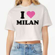 I Heart Milan Pink Bld Graphic Cotton Ladies Crop Top T-Shirt - 白色 - 查看 1