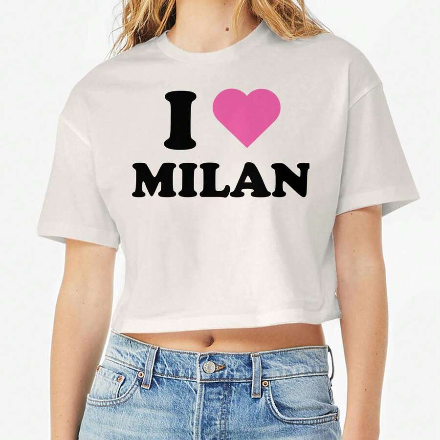 I Heart Milan Pink Bld Graphic Cotton Ladies Crop Top T-Shirt - 白色 - 查看 1