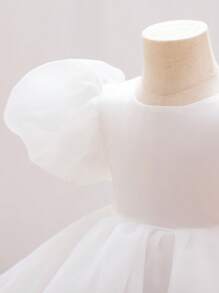 Young Girl Crew Neck Short Puff Sleeve Glamorous Princess Dress - White - View 6