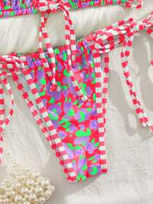 PEPPERMOLLY New Soft Fabric Printed Halter Drawstring Elegant Party Bikini Set, Women Summer Beach Fashion Swimwear, Red - Red - View 5