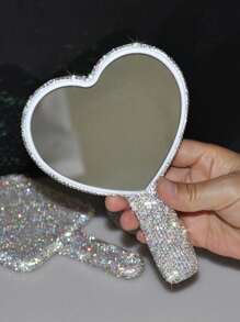 1pc Rhinestone Series, Diamond-Studded Heart-Shaped/Round/Square Mirror, Portable Handle Mirror, Makeup Handheld Mirror, Cute Small Mirror, Hand-Held Mirror