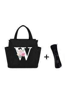 White Letters A~Z Printed With Flowers Lunch Bag For Women Men,With A Black Cutlery Storage Bag, Leakproof Insulated Soft Large Lunch Cooler Bag - Reusable Lunch Bag ,Solid Color Tableware Storage , Leak-Proof Portable Fabric Tableware Bag