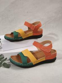 Women's Color Block Platform Sandals With Cross Strap, Metallic Accent, Hollow Design, Breathable For Summer, Fashion Casual Beach Holiday Style, Retro Open Toe Wedge Slides, Quality Leather, Comfortable Slip On - Multicolor - View 4