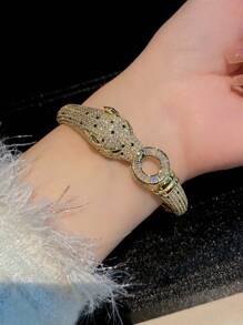 1pc Luxury Multicolor Cubic Zirconia Leopard Pattern Elegant Copper Bangle Bracelet, Gift For Mom, Formal Event Accessory