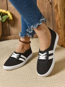 Zapatillas de lona planas con cordones, puntera redonda y slip-on de mujer, zapatos deportivos casuales, color blanco, para primavera y otoño