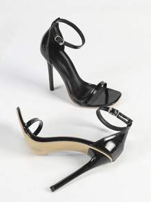 Women's Fashion High Heel Sandals - PU Leather Stilettos Flat Sandals, Strap Square Toe Sandals, Rear Covered Sandals, Black Lacquer Thin Heel Sandals, Summer Outdoor & Regular High Heel Sandals, Elegant Black Sandals For Women - Black - View 7