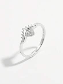 Vaerine 1pc Elegant Fashionable Minimalist Romantic Sparkling 925 Silver Cubic Zirconia Heart V-Shape Design Ring, Ideal For Date, Party, Special Occasions, Valentine's Day Gift For Her - Silver - View 2