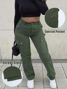 GILIPUR Nuevos pantalones cargo de pierna ancha de unicolor para mujer, diseño de cintura elástica, múltiples bolsillos, estilo casual, estilo Y2K, elegante y de moda, adecuado para volver a la escuela, ropa urbana, estilo de los años 2000, atuendos de otoño e invierno, estilo de ropa retro, adecuado para salir, Navidad y Halloween. - Verde militar - Ver 2