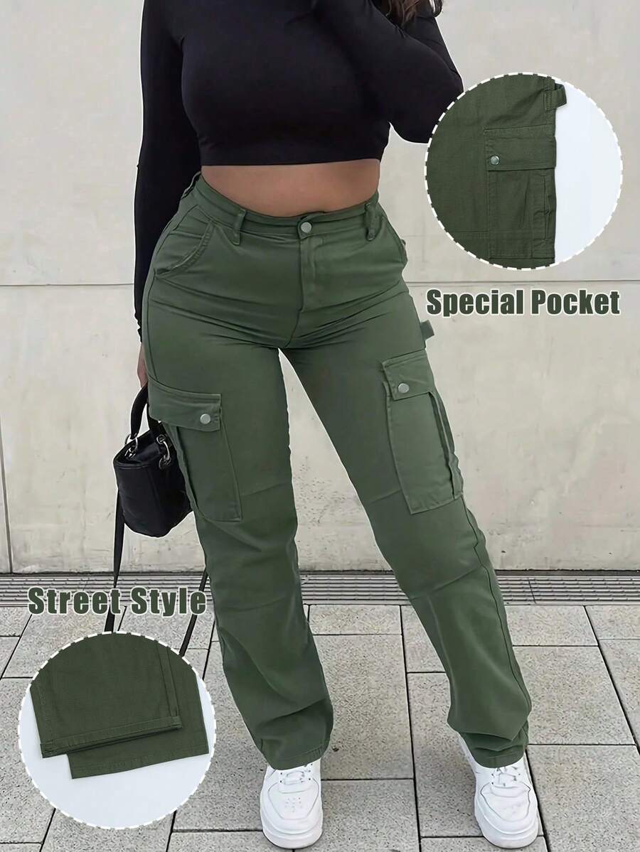 GILIPUR Nuevos pantalones cargo de pierna ancha de unicolor para mujer, diseño de cintura elástica, múltiples bolsillos, estilo casual, estilo Y2K, elegante y de moda, adecuado para volver a la escuela, ropa urbana, estilo de los años 2000, atuendos de otoño e invierno, estilo de ropa retro, adecuado para salir, Navidad y Halloween.