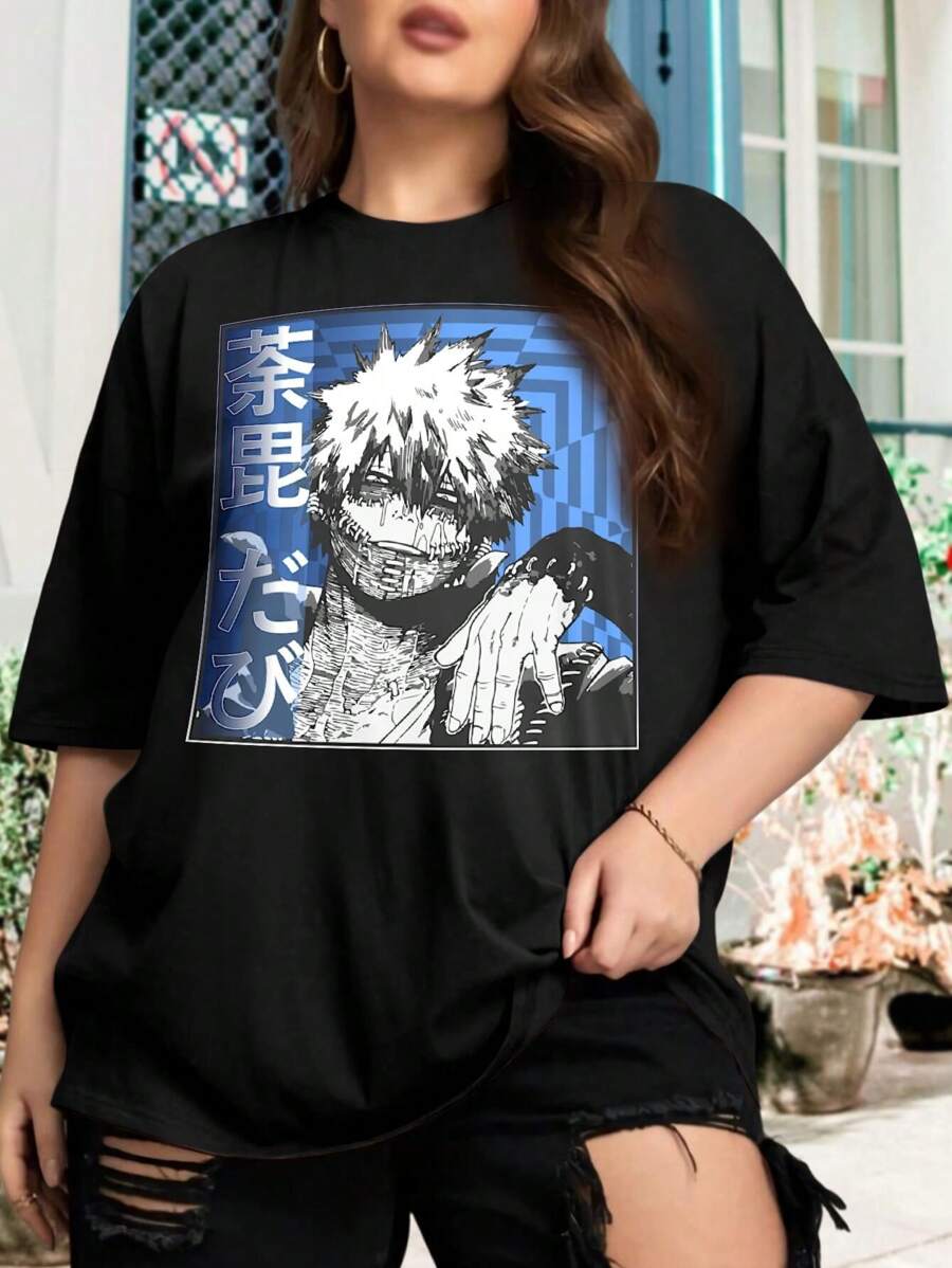 Todoroki Toya (Dabi) Oversize Women T-Shirt - Anime Style Blue Flame Design - Gift Idea For Women (Large Size) - Black - View 1