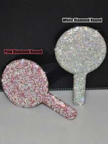 1pc Rhinestone Series, Diamond-Studded Heart-Shaped/Round/Square Mirror, Portable Handle Mirror, Makeup Handheld Mirror, Cute Small Mirror, Hand-Held Mirror
