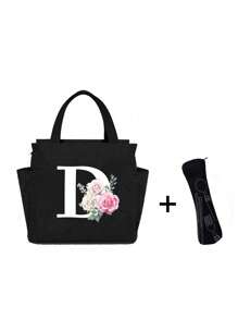 White Letters A~Z Printed With Flowers Lunch Bag For Women Men,With A Black Cutlery Storage Bag, Leakproof Insulated Soft Large Lunch Cooler Bag - Reusable Lunch Bag ,Solid Color Tableware Storage , Leak-Proof Portable Fabric Tableware Bag