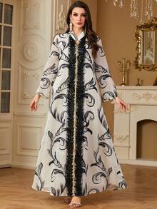 Simple Patchwork Muslim Dress With Heavy Embroidery & Sequins, Arabic Style Clothing - White - View 4