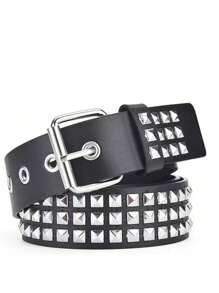 1pc Punk Style Rivet Buckle Metal Pyramid Decorated Belt, Fashionable & Versatile Summer, School Fall, Autumn, Halloween - Black - View 11