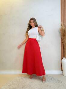 IN FASHION WOMEN'S LONG TAILORING HIGH WAIST SKIRT - 紅色 - 查看 3