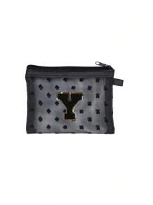 1 pieza Bolsa de malla transparente con forma de corazón linda, Mini bolsa de almacenamiento - Toalla con inicial bordada de la A a la Z, Bolsa cosmética portátil multifuncional para viajes, Bolsa de almacenamiento para maquillaje, cuidado de la piel y lápiz labial, Bolsa de cremallera de malla, Organizador de maquillaje para viajes