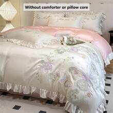 4pcs Soft, Silky Satin Bedding Set With Delicate Butterfly & Floral Embroidery And Trim, Comfortable Bed Linens, Smooth & Cool Touch, Machine Washable (1 Duvet Cover, 2 Pillowcases, 1 Bed Sheet, Excludes Comforter & Pillow) - Magic Butterfly-white - View 2