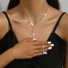 Popular Jewelry 2pcs Set - Fully Rhinestone Claw Chain, Minimalist Stylish High-End Accessories Earring & Necklace - Silver - View 2