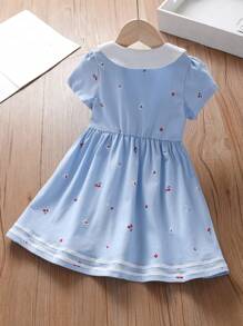 年轻女孩全身印花翻领休闲短袖 Polo 衫连衣裙，夏季 - 藍色 - 查看 2