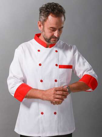 Chaqueta de chef de doble botonadura, de manga larga, con cuello alto rojo, uniforme profesional de chef cómodo y unisex