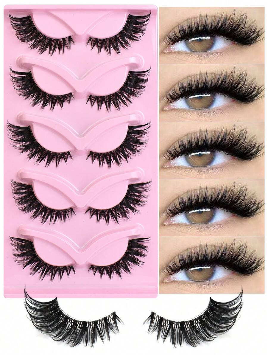 NAIJEMA 5对卡通风格假睫毛，狐狸眼和猫眼形状，卷翘蓬松，貂毛材质，睫毛嫁接，打造自然妆容，适合日常妆容，营造浓密卷翘的睫毛效果 - 黑色 - 查看 1