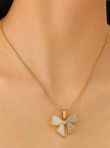 3 件套奢华设计蝴蝶结水钻装饰不锈钢首饰套装，休闲优雅蝴蝶耳环项链，适合女士日常、派对、婚礼 - 金黃色 - 查看 10