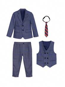 4 peças Conjunto de Terno Formal para Meninos Jovens - Jaqueta + Colete + Calça + Gravata Listrada Vermelha, Terno para Casamento, Festa, Evento de Apresentação, Outono