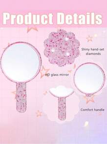 1pc Rhinestone Series, Diamond-Studded Heart-Shaped/Round/Square Mirror, Portable Handle Mirror, Makeup Handheld Mirror, Cute Small Mirror, Hand-Held Mirror