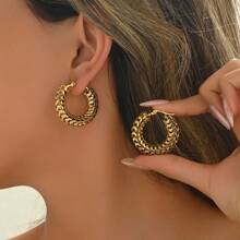 1 Pair Stainless Steel Round Hoop Earrings, Suitable For Parties - Gold - View 12